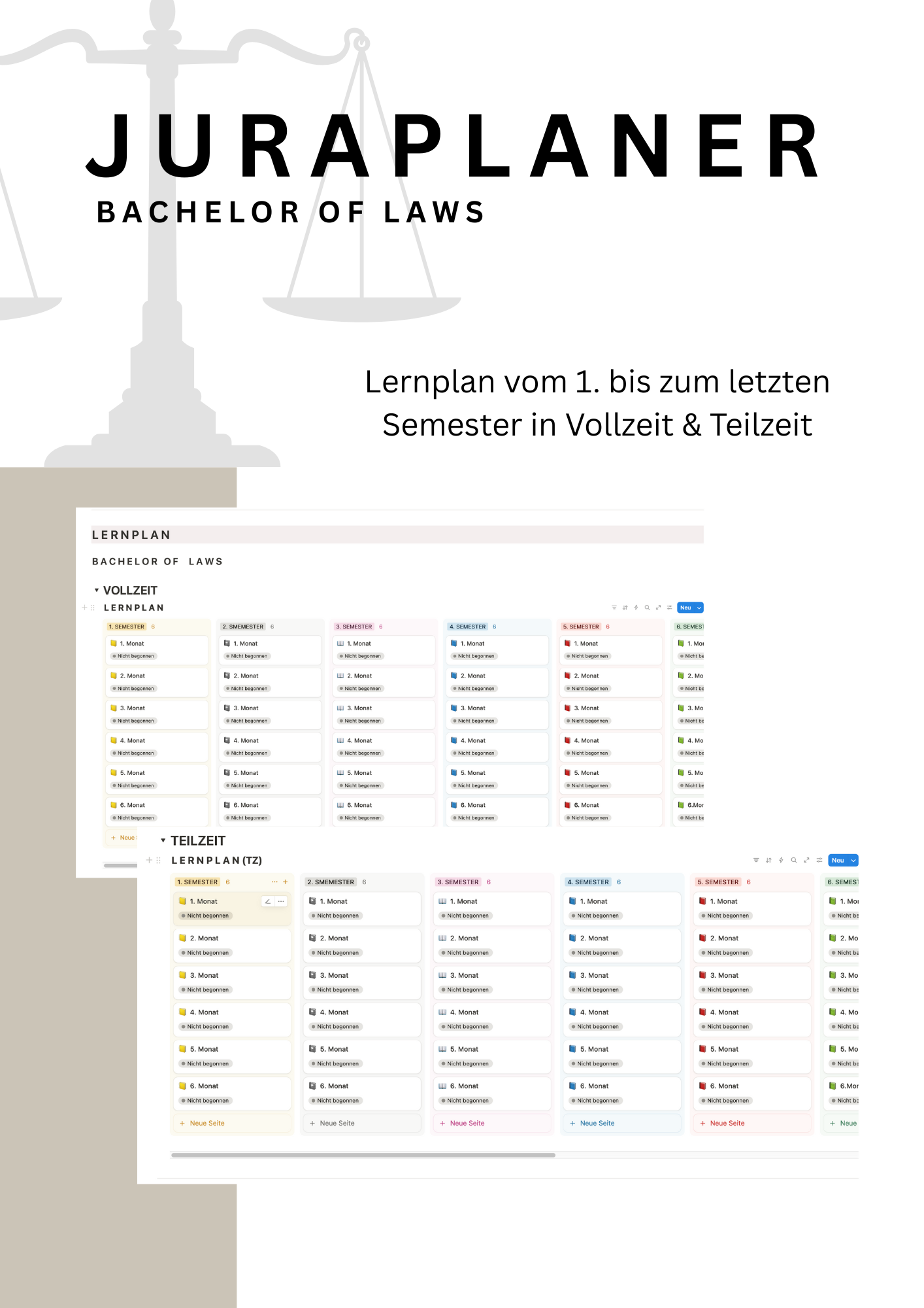 JURAPLANER ⚖️ - Lernplan für Fernunistudenten (Bachelor of Laws) - Notion Template/Vorlage - Study law with Angie