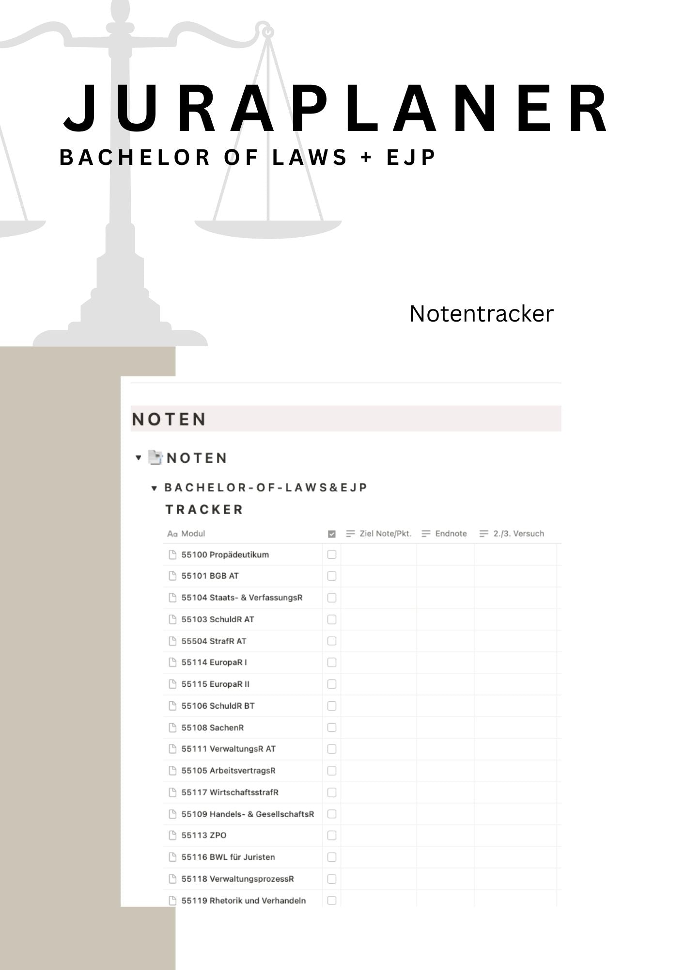 JURAPLANER ⚖️ - Bachelor of Laws & EJP (Fernuni) - Notion Vorlage - Study law with Angie