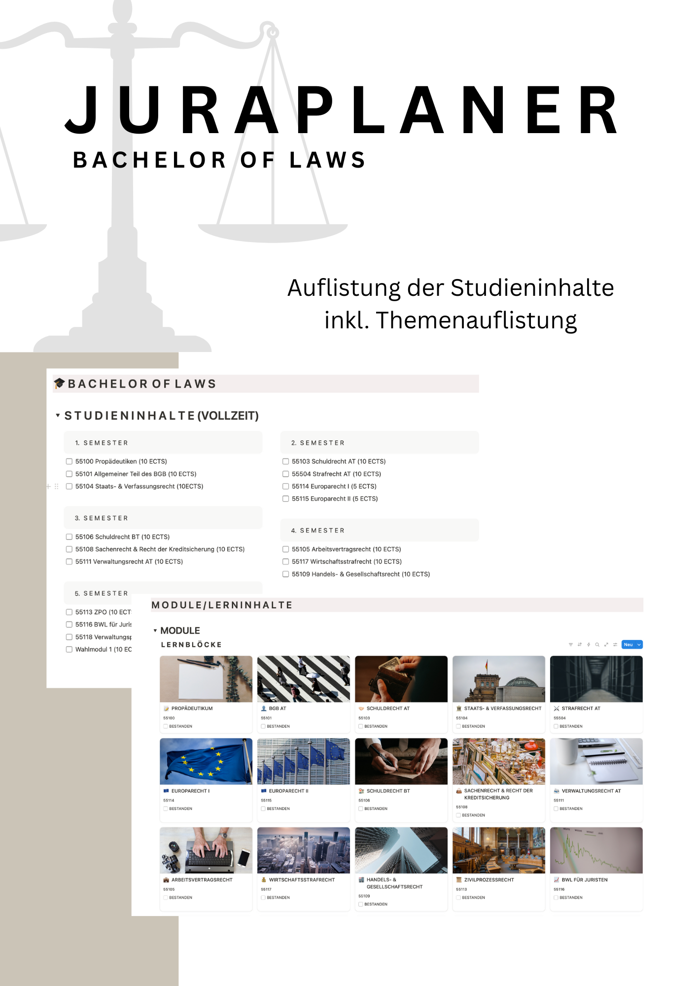 JURAPLANER ⚖️ - Lernplan für Fernunistudenten (Bachelor of Laws) - Notion Template/Vorlage - Study law with Angie