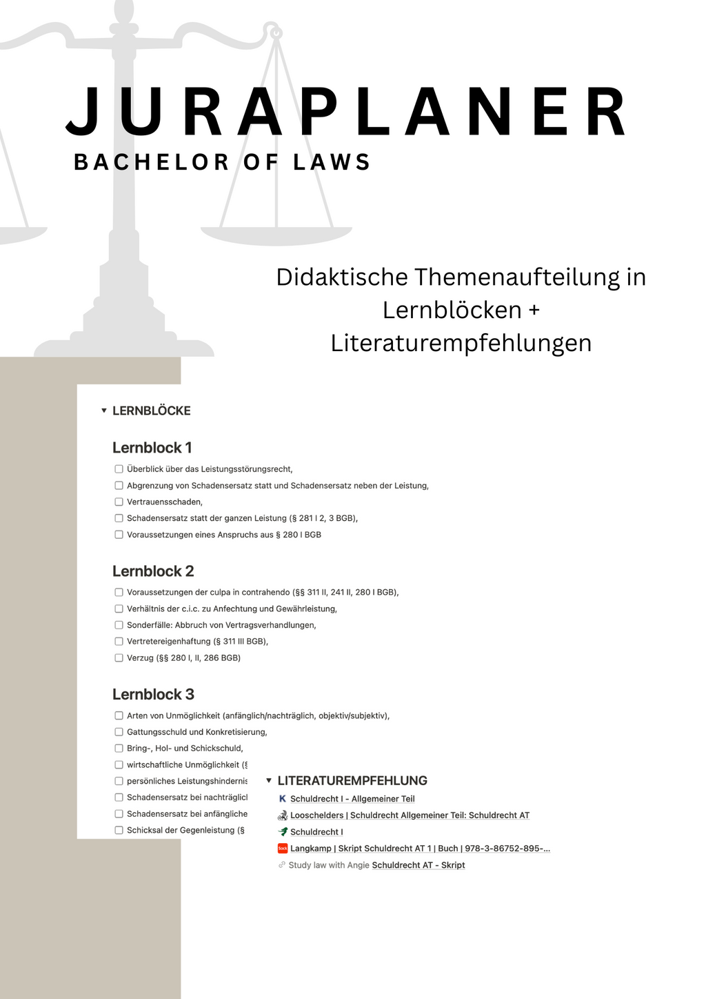 JURAPLANER ⚖️ - Lernplan für Fernunistudenten (Bachelor of Laws) - Notion Template/Vorlage - Study law with Angie