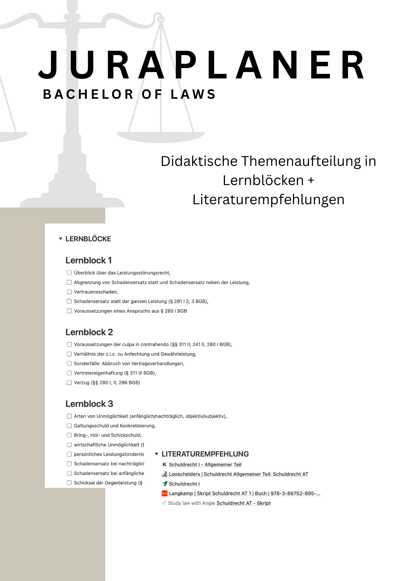 JURAPLANER ⚖️ - Lernplan für Fernunistudenten (Bachelor of Laws) - Notion Template/Vorlage - Study law with Angie