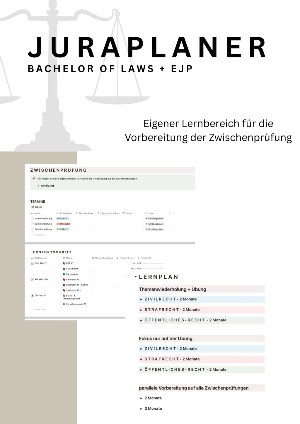 JURAPLANER ⚖️ - Bachelor of Laws & EJP (Fernuni) - Notion Vorlage - Study law with Angie