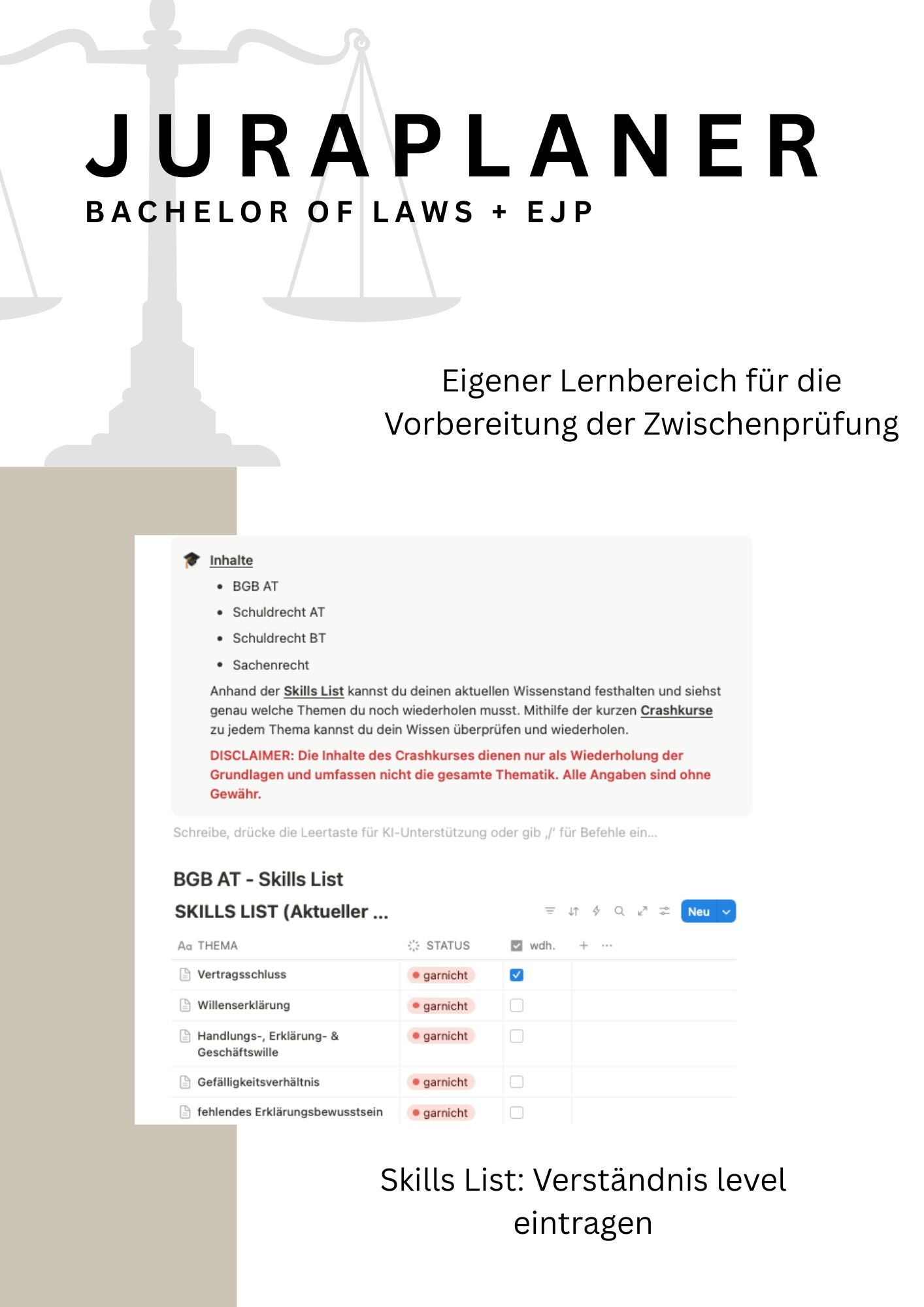 JURAPLANER ⚖️ - Bachelor of Laws & EJP (Fernuni) - Notion Vorlage - Study law with Angie
